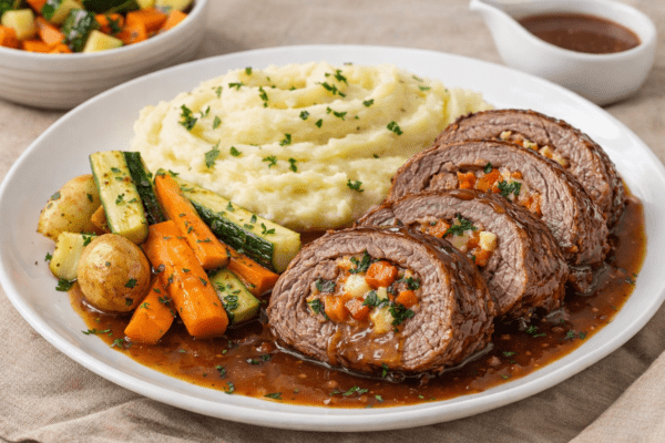 Prato sofisticado com carne assada recheada