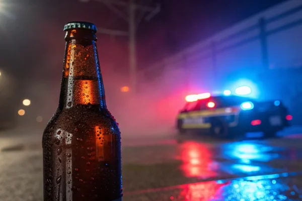 Imagem ilustrativa de viatura estacionada com as sirenes ligadas com uma garrava de cerveja em destaque no meio da estrada.