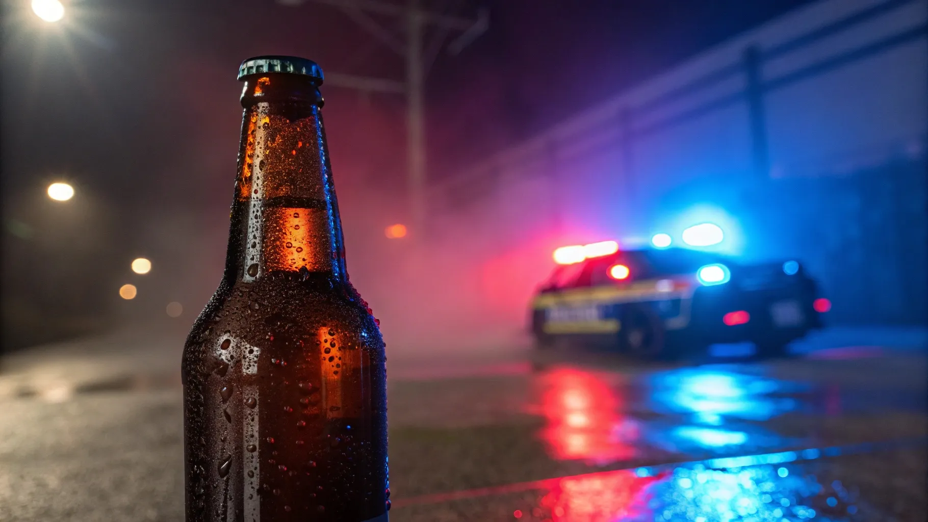 Imagem ilustrativa de viatura estacionada com as sirenes ligadas com uma garrava de cerveja em destaque no meio da estrada.